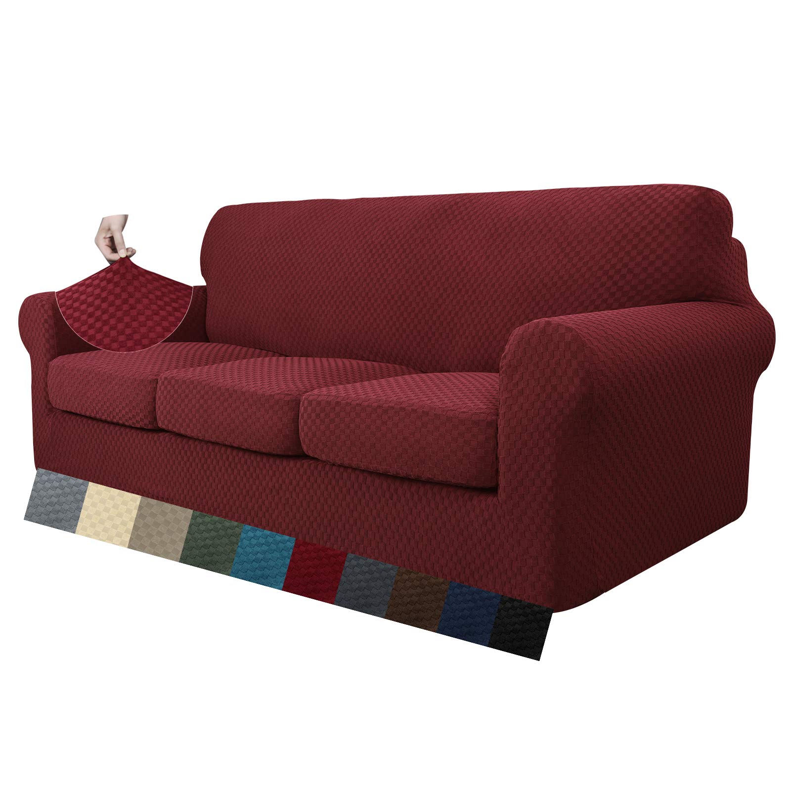 MAXIJIN 4 Piezas más Nuevas Fundas de sofá para 3 plazas elástico Antideslizante Funda de sofá para Perros elástico Jacquard Protector de Muebles Fundas de sofá (3 plazas, Rojo Vino)