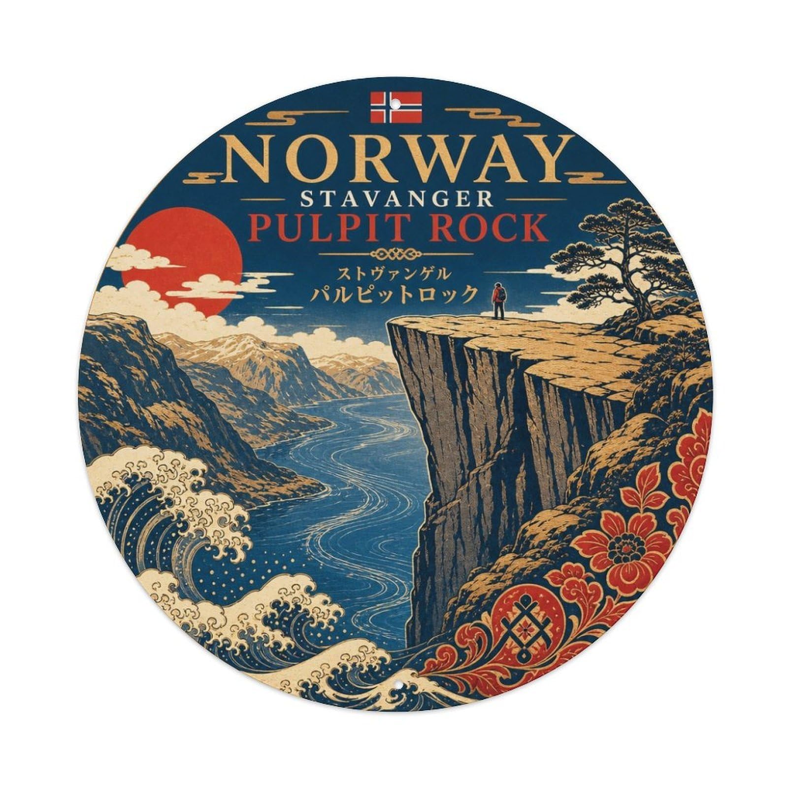 Stavanger Pulpit Rock Nordic Woodblock Classic Scenery Metal Tin Sign Plaque Wall Decor for Cafe, Man Cave, Club Bar, Office, Home Garden Round Metal Poster 8x8Inch