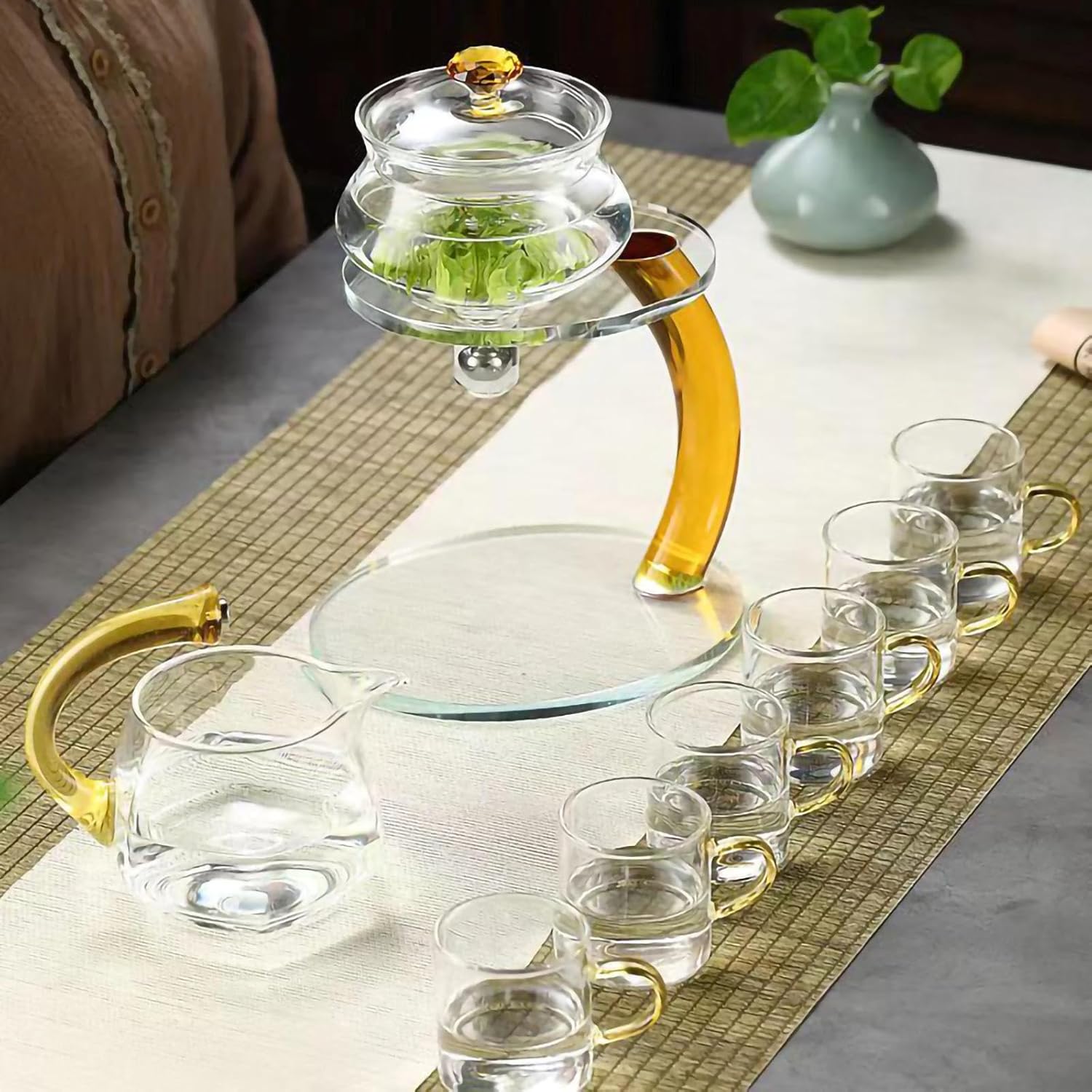 Magnetic Teapot with Gold Handle,Lazy Kung Fu Glass Tea Set,Semi Automatic Tea Set,Glass Teapot Set,High Temperature Resistant Home Kung Fu Magnetic Teapot,For Loose Tea, Flower Tea, Tea Bags