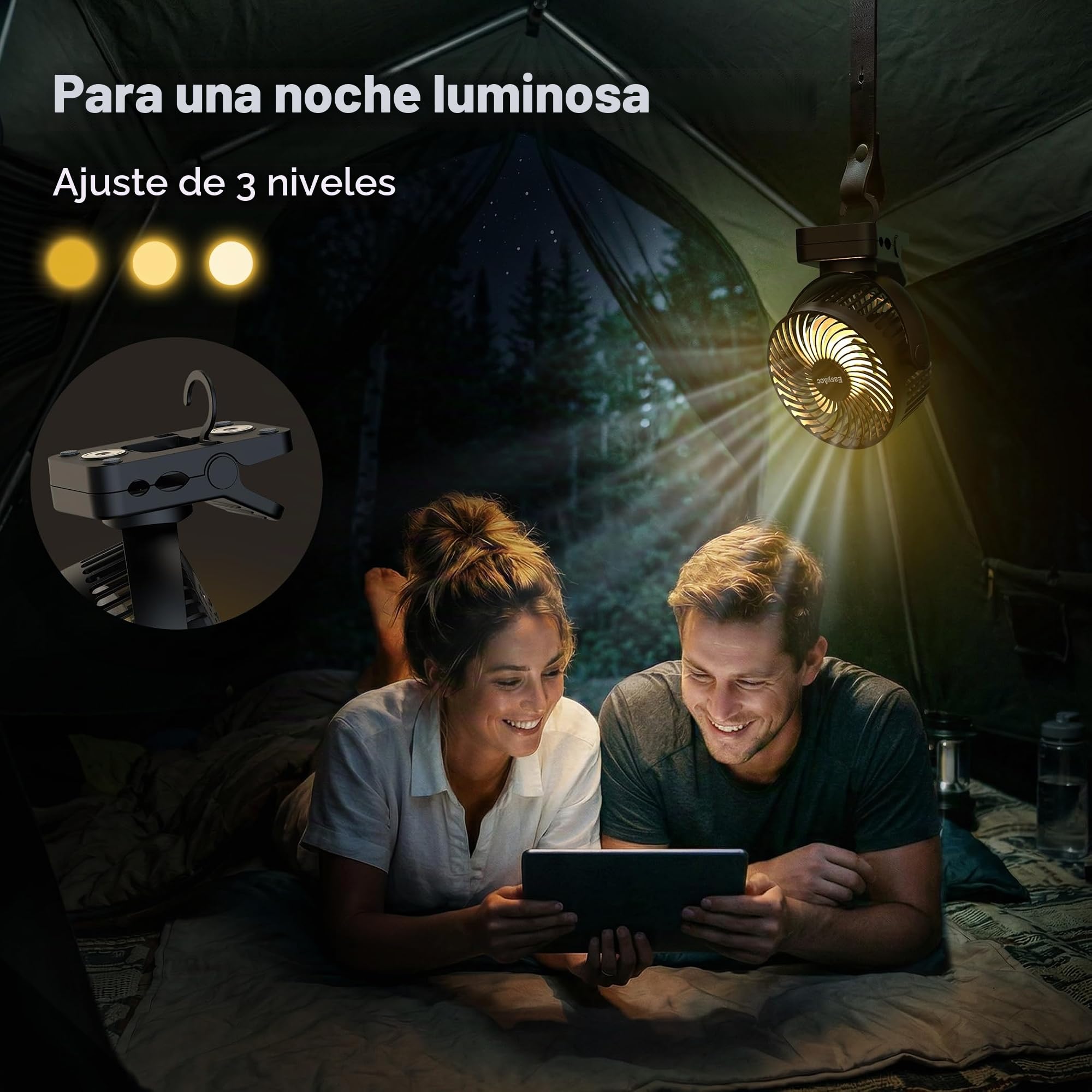EasyAcc Portable Clip Fan with Magnetic Base & LED Light, 13000mAh Rechargeable Camping Fan, 360° Rotating Tent & Desk Fan, 3 Speeds, Timer, USB Type-C
