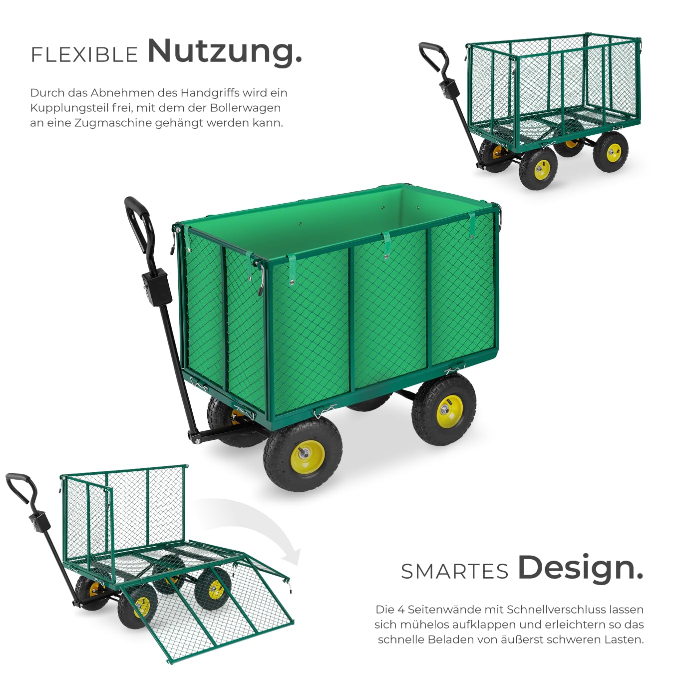 tectake® Bollerwagen, mit Seitenwänden klappbar, Handwagen, Transportwagen zum Anhängen und Ziehen, hochbelastbar bis 544kg, als Einkaufstrolley, Transportkarre, Rollwagen, Strand Bollerwagen