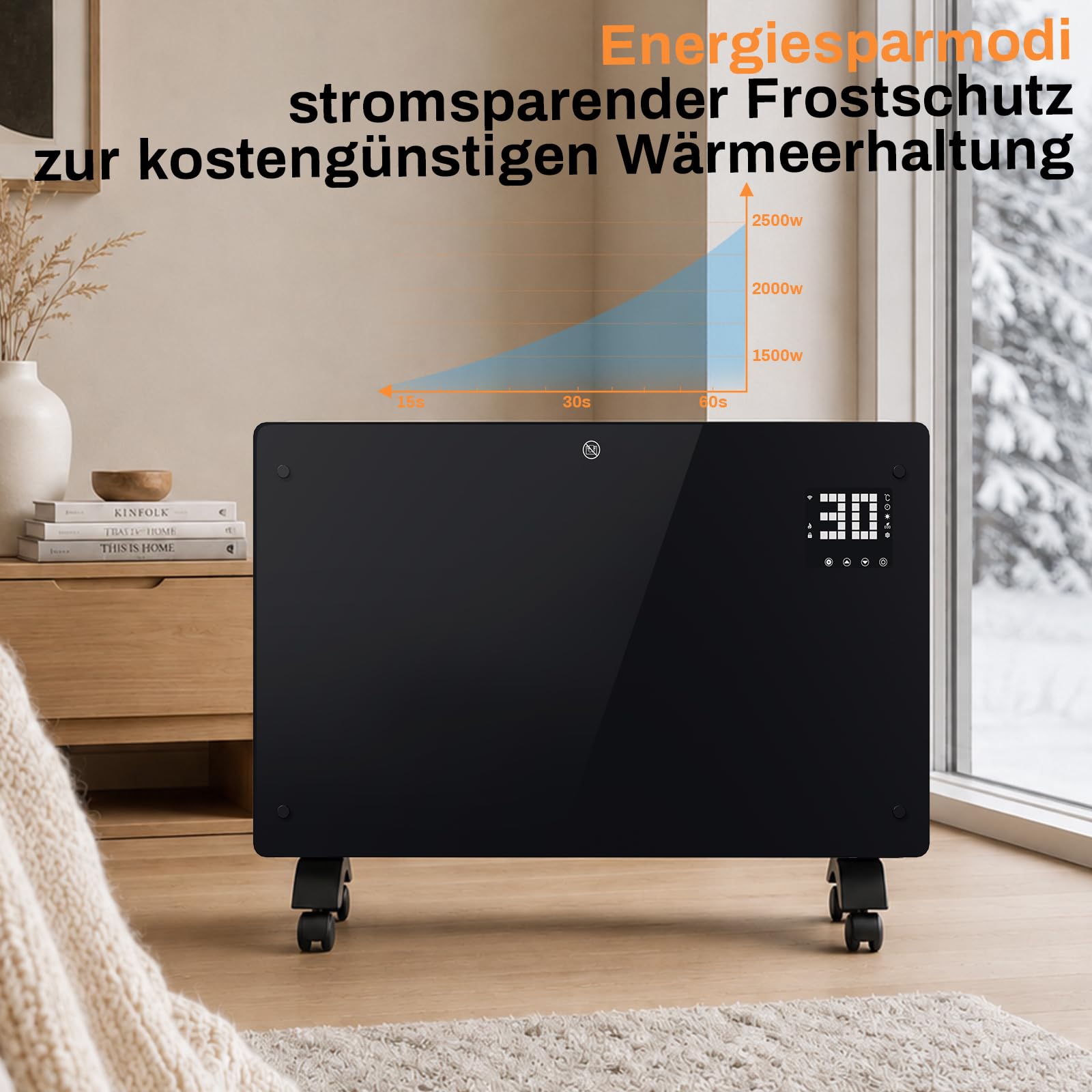 Daromigo Ogrzewanie elektryczne, konwektor szklany, konwektor, ogrzewanie z termostatem i pilotem zdalnego sterowania WiFi, grzejnik elektryczny IP24, montaż na ścianie, mobilne ogrzewanie na