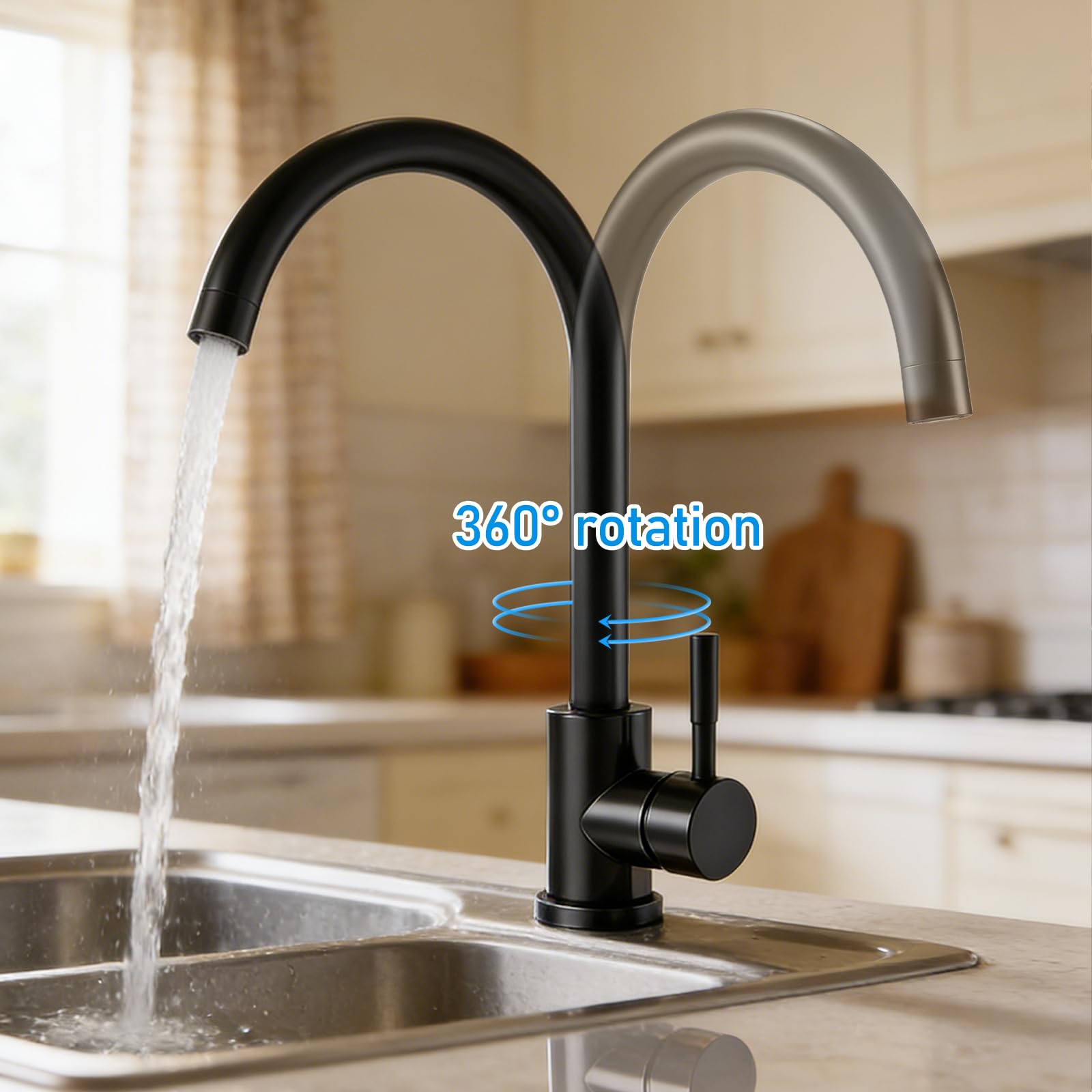 Robinet de cuisine pivotant à 360° - En acier inoxydable - Mitigeur monocommande - Robinet d'évier de cuisine avec tuyau de 60 cm - Raccords G3/8 - Noir