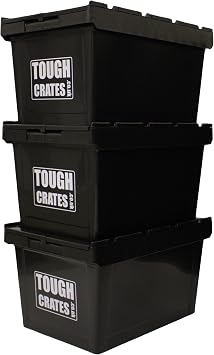 3 x Heavy Duty Plastic Storage Boxes Black With Attached Lids Stackable 60 Litre