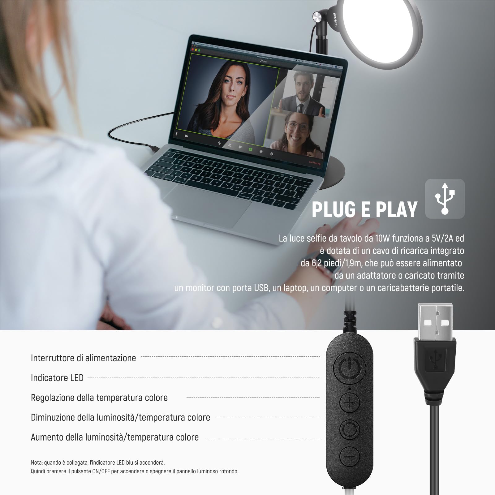 NEEWER BASICS 7" Desk Luce ad Anello Per Registrazione Video, R06 | Full Schermo Key Illuminazione, Supporto, Supporto Telefono Per iPhone, Computer, Laptop, Vlog, Live Streaming