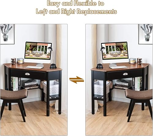 Miniatura 7 de Tangkula Escritorio de esquina, escritorio de esquina para computadora con cajón para espacio pequeño, escritorio de tocador de maquillaje de