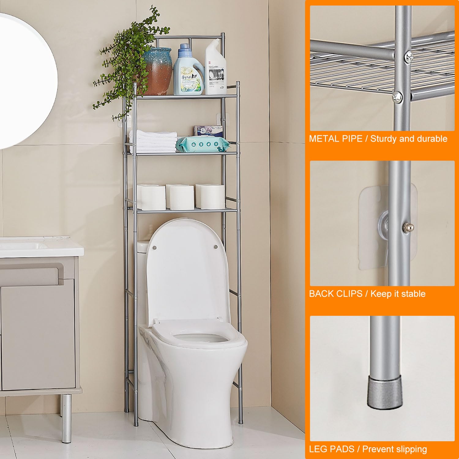 Toilettenregal, 3-stufiges Aufbewahrung über der Toilette, Freistehendes Waschmaschinenregal aus Metall, Platzsparendes WC Regal Toilettenschrank für Bad, Toilette, Waschküche, Grau