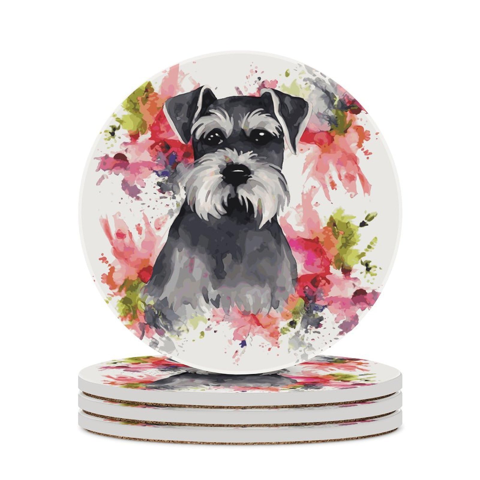 Schnauzer Drink Coasters with Holder for Coffee Table,Ceramic Coaster with Cork Base,Ceramic Stone Coaster for Iced Cold Or Hot Drinks,4.1 Inches