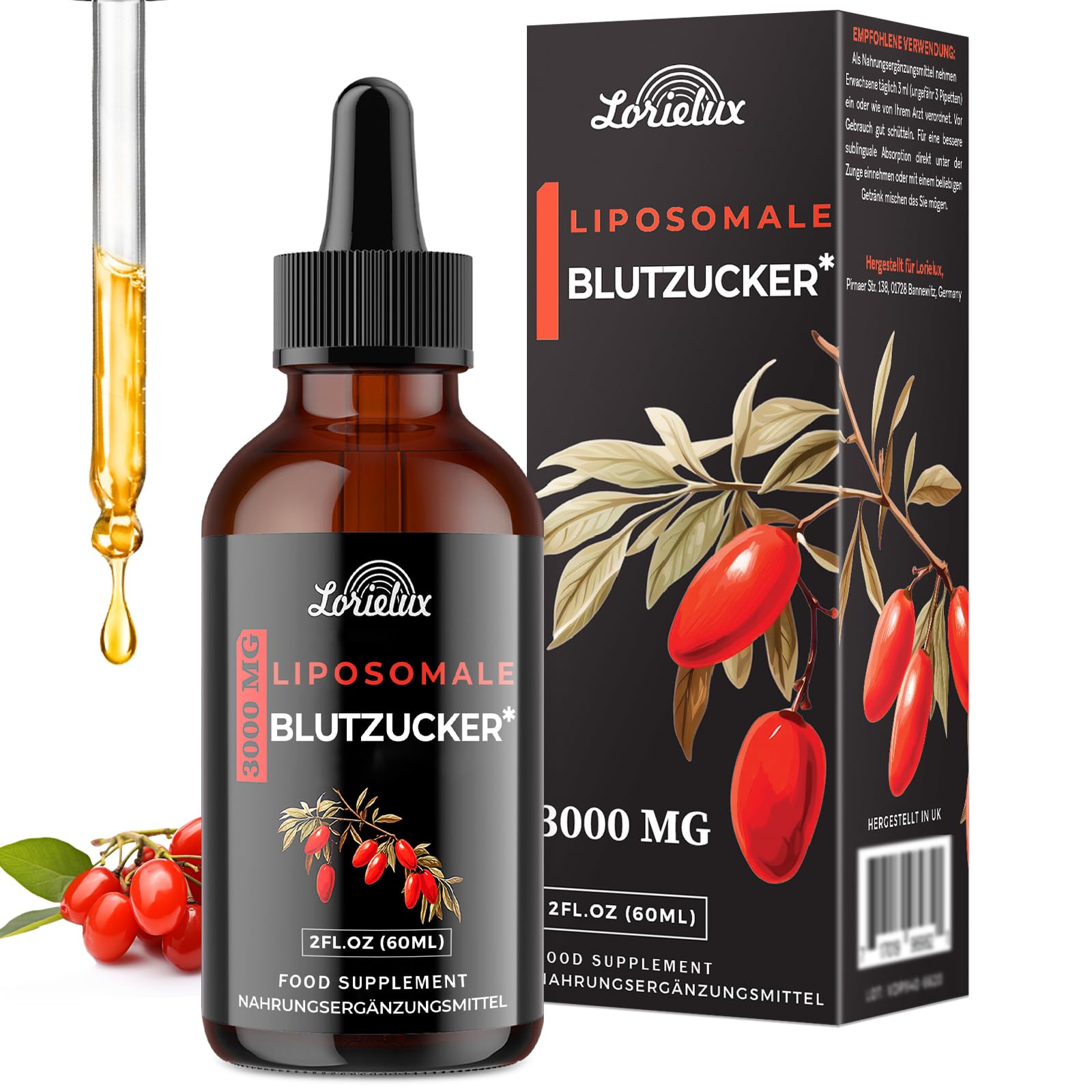 Liposomale Berberin Tropfen, 3000mg Blutzucker-Unterstützung, mit Grüntee-Extrakt, Ceylon-Zimt und Ingwerwurzel, 60 ml