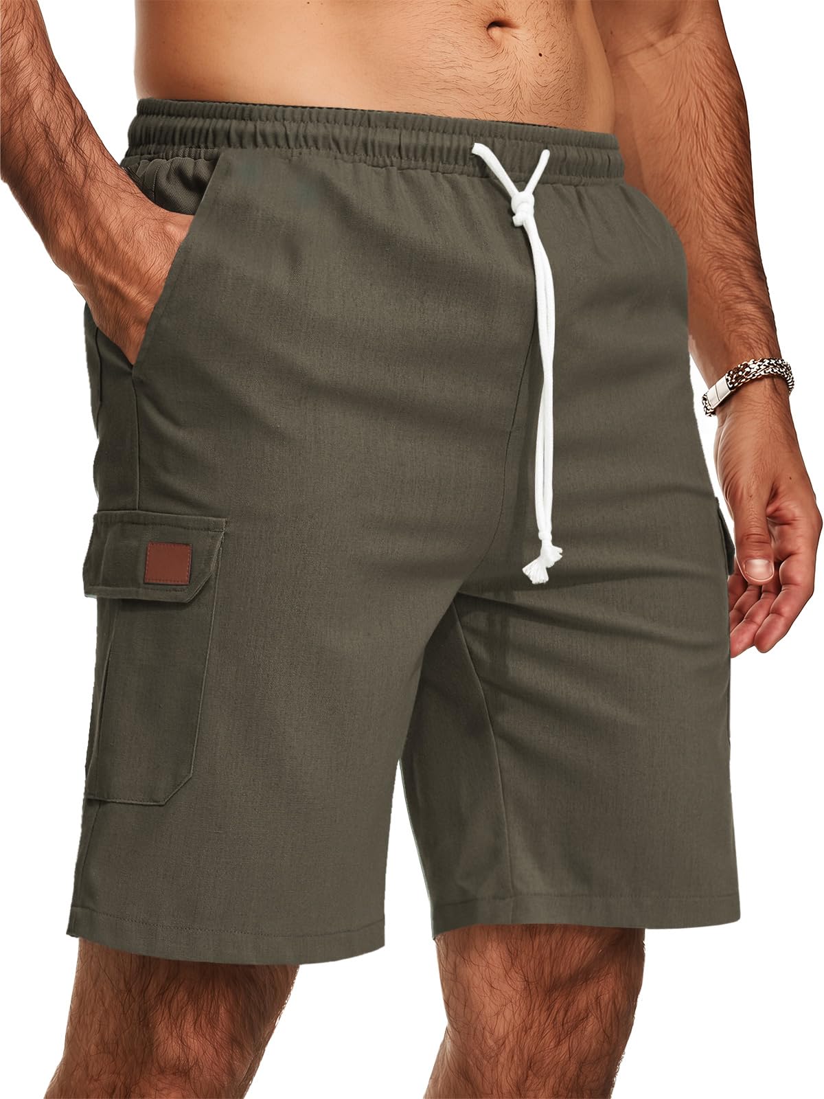 Zetieny Kurze Hosen Herren Leinen Shorts Leicht Sommer Leinenhose Kurz mit Gummizug Freizeithose mit Tasche