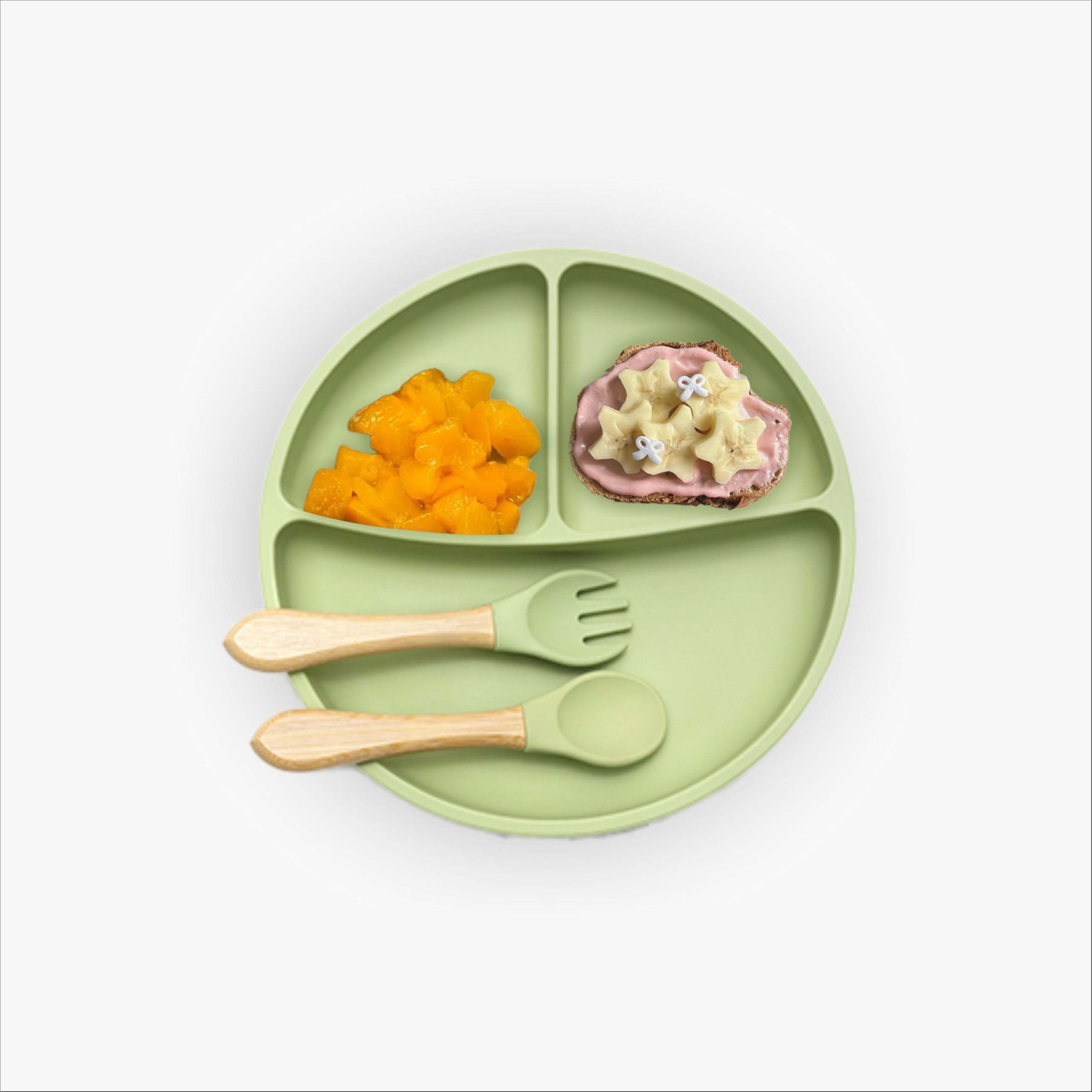Kids Station 3 Piece BPA-Free Silicone Baby Feeding Set - Baby Plate - Spoon and Bowl - Make Mealtime Fun - Microwave Sa