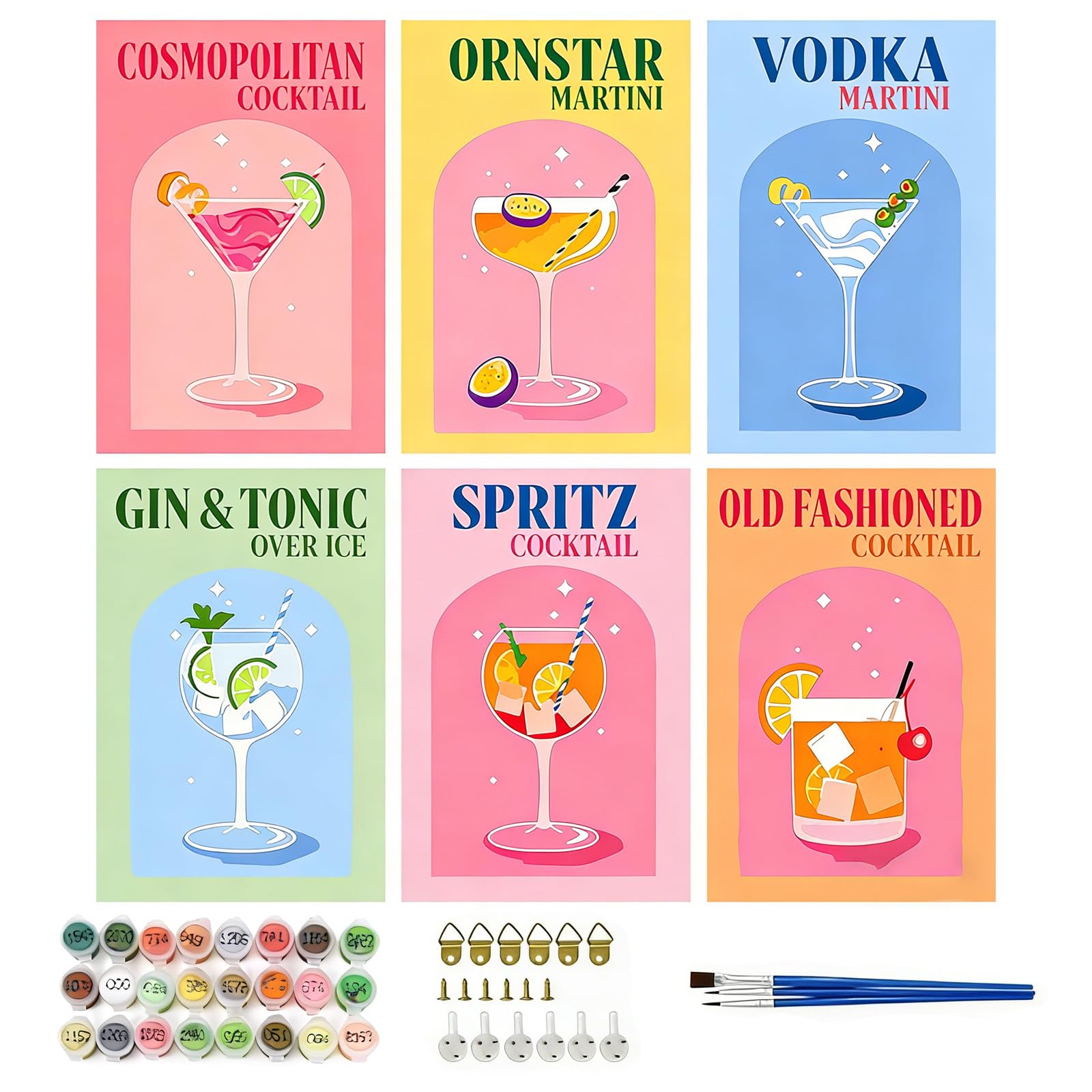 Flhlxzm Paint by Numbers for Adults, 16 Pcs DIY Acrylic Paint by Numbers Kits with Brush Paints Hook 30 × 20 cm Cocktails Canvas for Painting Without Frame Easy Paintwork Art Set