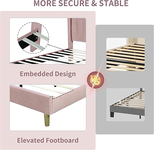 Miniatura 3 de Base de cama tapizada de tamaño matrimonial con respaldo moderno y cabecera de panel vertical, tela de terciopelo, patas de madera y soporte de
