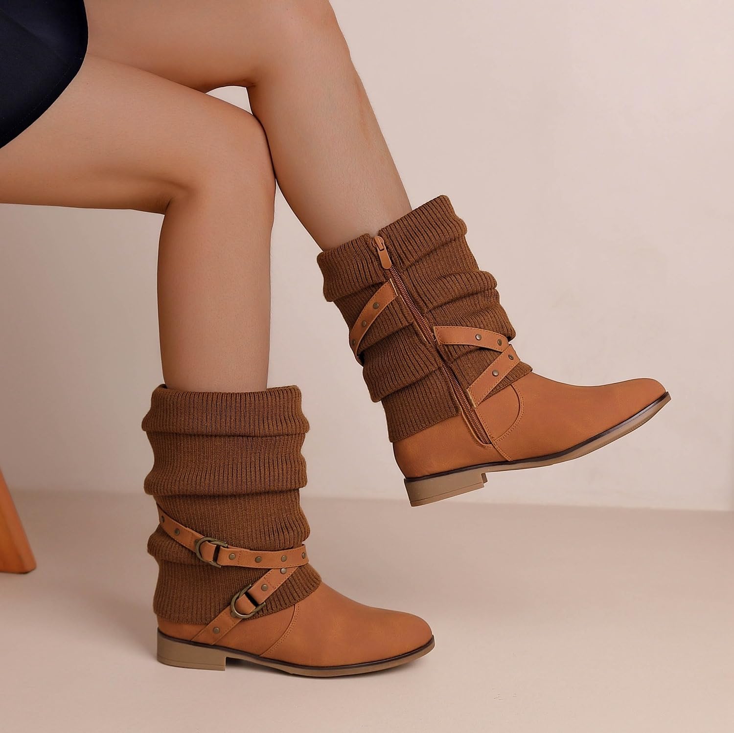 Pogolino Damen Stiefeletten Strick flach Stiefel gefüttert Boots
