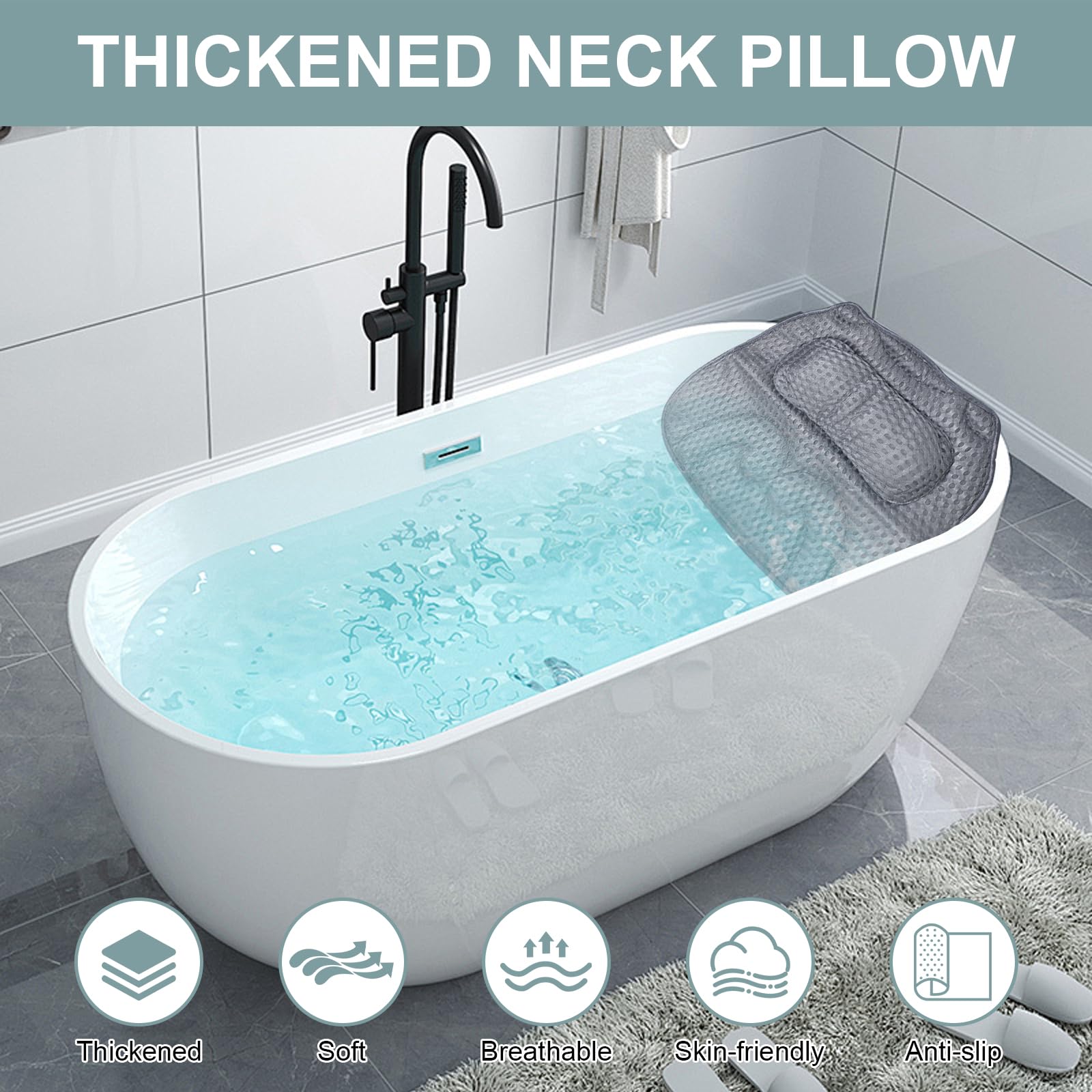 Almohada de Baño, Almohada Bañera con Ventosas Antideslizantes, Cojin de Bañera Puede Soportar la Cabeza, el Cuello,la Espalda, para SPA en Casa Bañera de Hidromasaje Gris