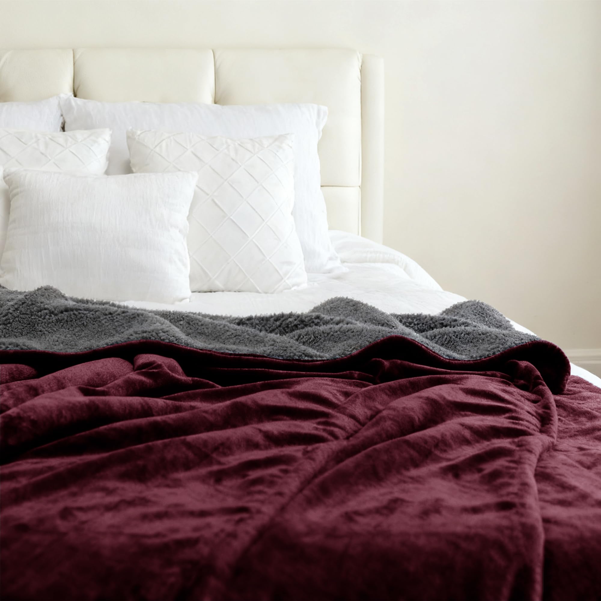 Genteele Sherpa Throw Blanket Super Soft Reversible Ultra Luxurious Plush Blanket, 90 x 90 inches, Rich Burgundy Red/Gray