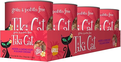 TIKI PETS - Comida húmeda enlatada sin granos con mariscos enteros en caldo para gatos y gatitos, calamares de sardina caballa 4 latas de 10 onzas