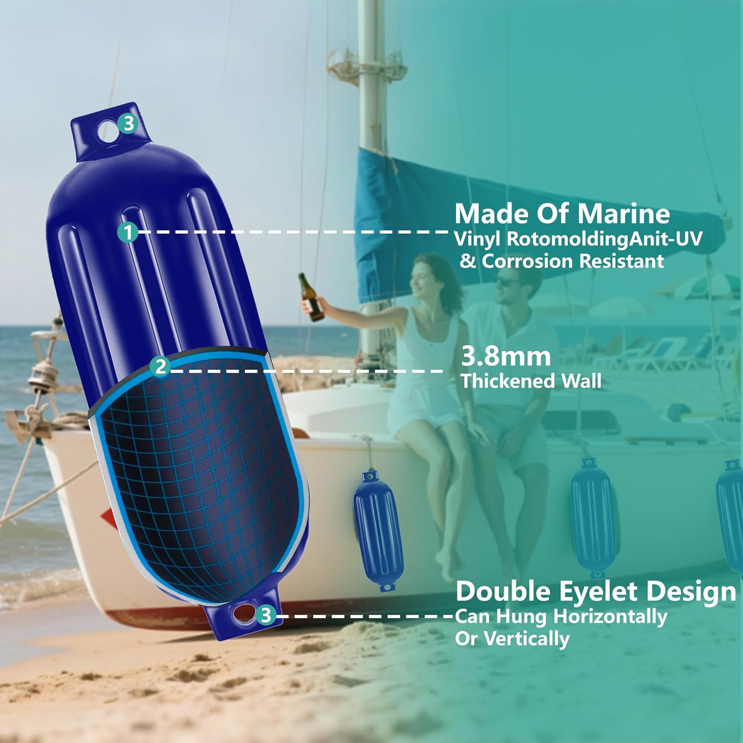 4.5/5.5/6.5/8.5 Inch Boat Fenders - 4 Pack Boat Bumpers for Docking, Ribbed Twin Eyes with 4 Ropes & Air Pump, UV & Saltwater Resistant, for Jon Boats, Pontoon Boats Black/Blue/White/Blue &White