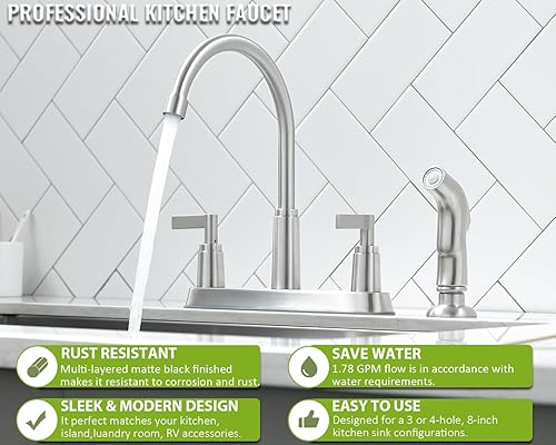 Miniatura 4 de Grifo de cocina con pulverizador, grifo de fregadero de cocina de acero inoxidable de níquel cepillado con rociador lateral, grifo de 3 agujeros o 4