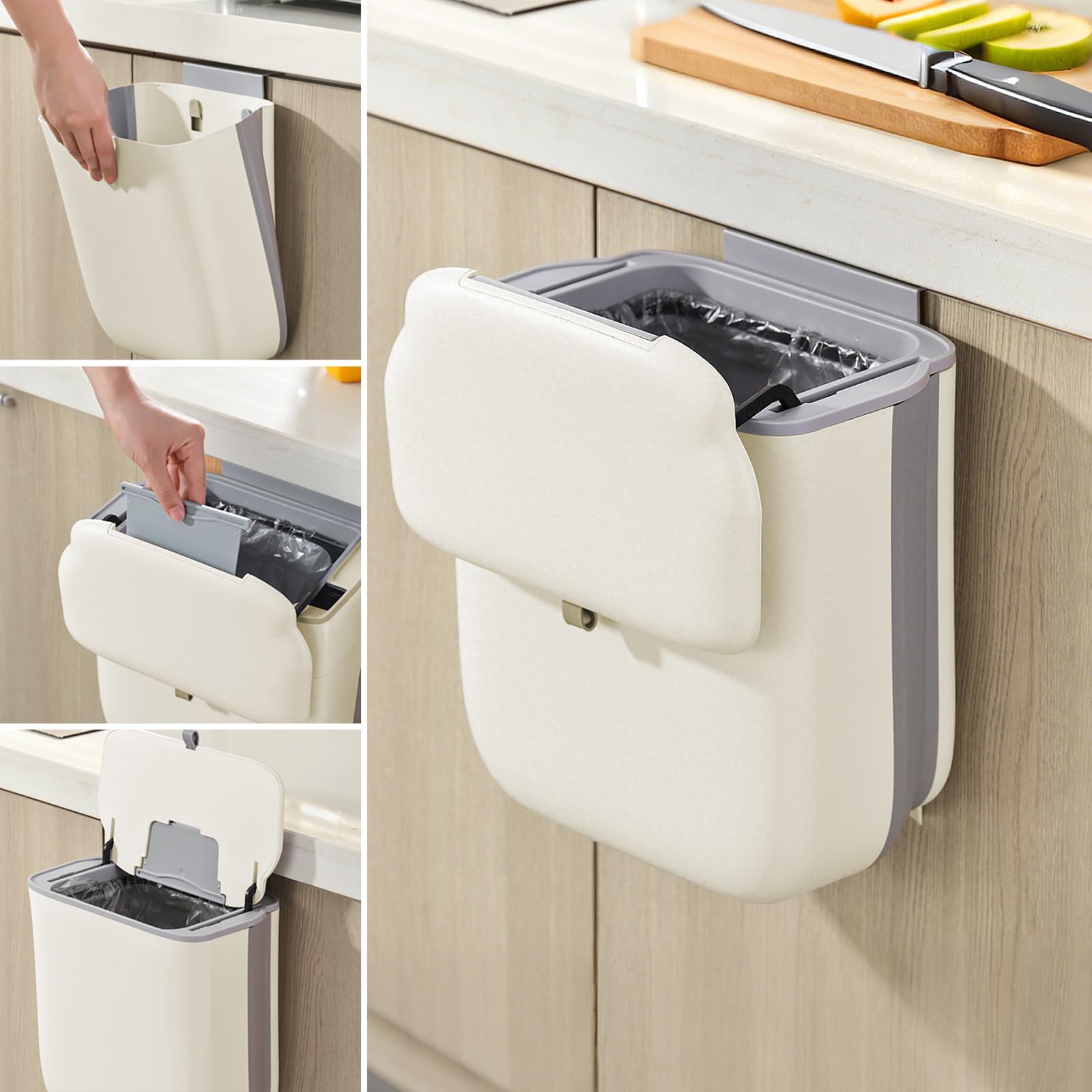 Esilihom Hanging Kitchen Bin with Lid, Foldable 10L Wall Mounted Food Waste Caddy, Trash Can for Under Sink/Cupboard Door/Cabinet/Bathroom/RV/Laundry（Cream & Grey）