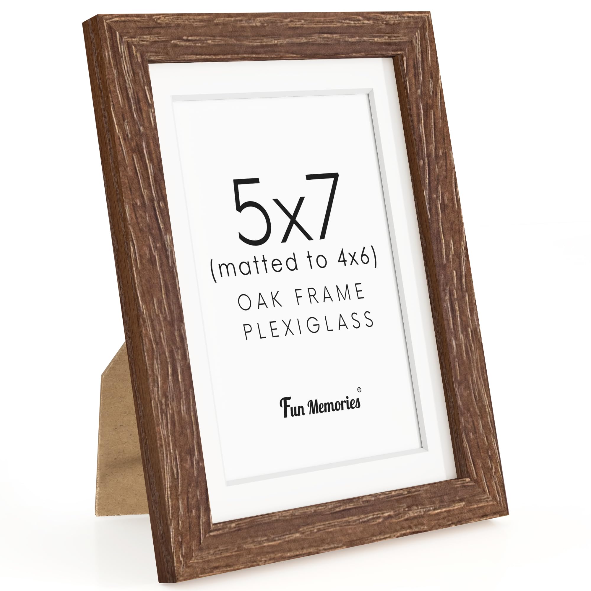 Fun Memories 5x7 Picture Frame, Solid Oak Wood 5 x 7 Frame with Plexiglass, 5 by 7 Photo Frame for Wall & Tabletop Display, 5x7 Picture Frame Matted