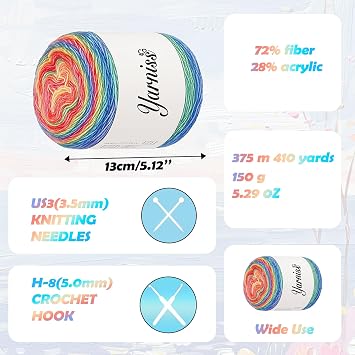 Yarniss Crochet Cake Yarn for Knitting, Gradient-Colored Ombre Yarn for Blanket&Shawl, Rainbow Cotton Yarn 2x150g