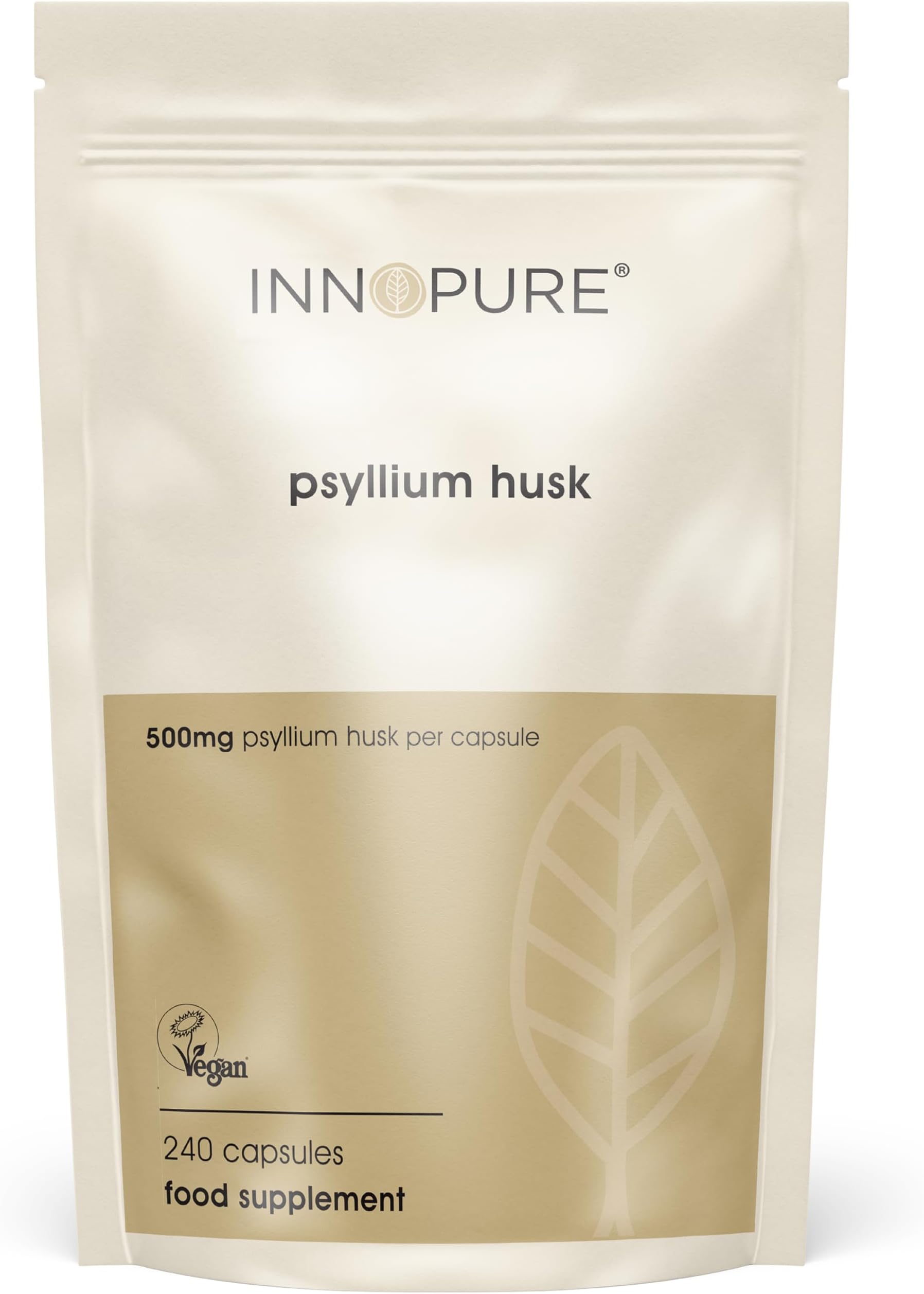 INNOPURE Psyllium Husk Prebiotic Fibre Supplement - 240 Capsules - 100% Pure and Natural (No Fillers or Binders) High in Soluble Fibre - Vegan Society Approved, UK Made