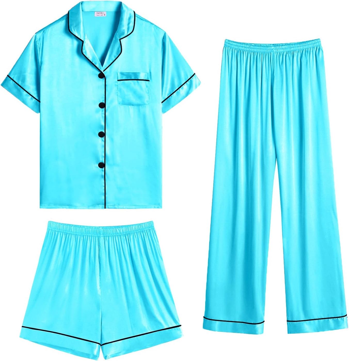 SWOMOG Womens Silk Satin Pajama Sets 3Pcs Button Down Pj Set Short Sleeve Sleepwear Loungewear Pjs Nightwear XS-XXL