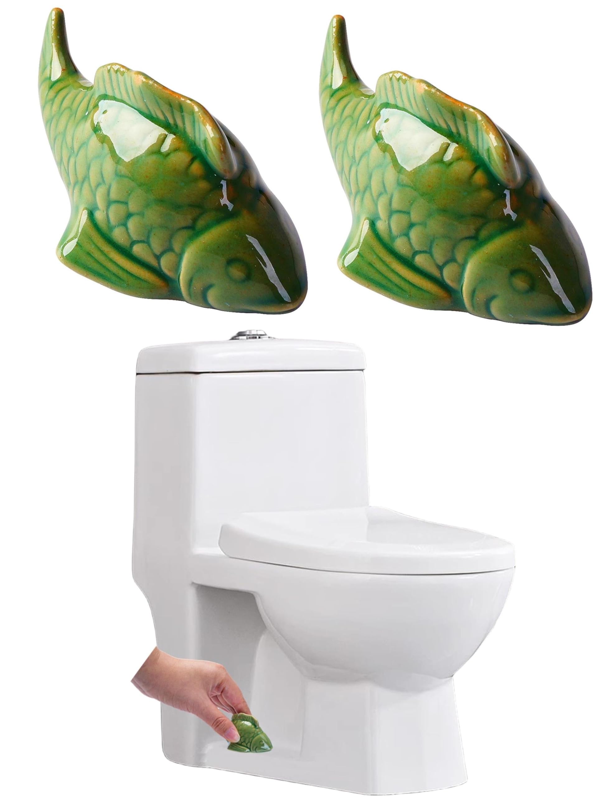 WANSHUNLMI Ceramic Fish Toilet Bolt Caps, 2 Pcs Cute Fish Bathroom Decor, Fun Sea Themed Gadgets Easy installation Toilet Replacement Parts (Green Fish)