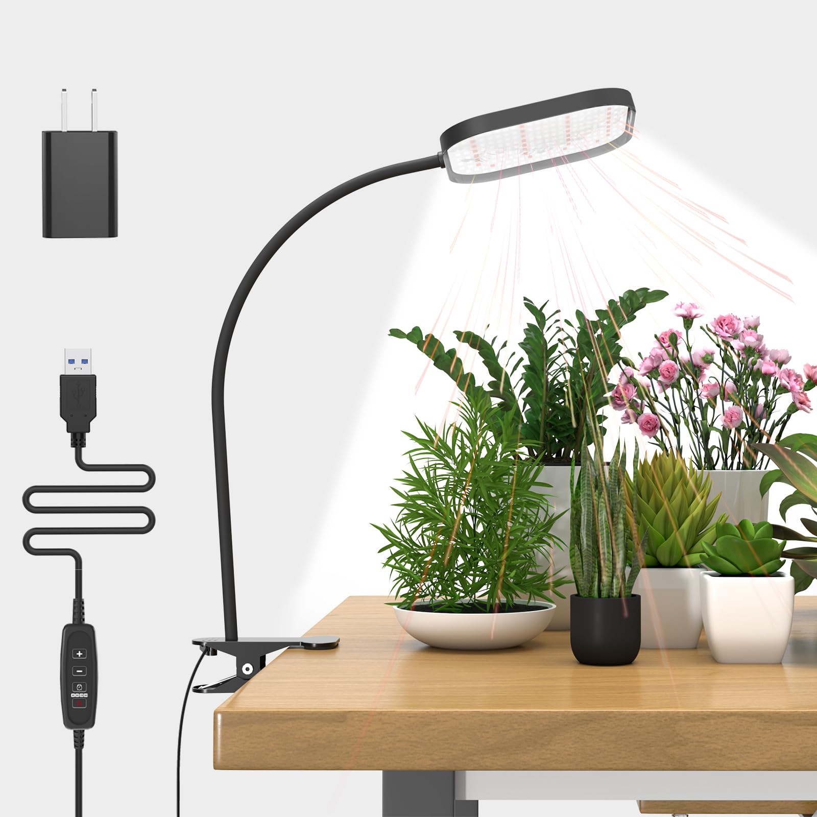 Mojimdo 264 LED Pflanzlampe, 6000K Vollspektrum Pflanzenlicht, 360° Schwanenhals, 4H/8H/12H/18H Timer, 5 Helligkeit, 5V Klemmlampe, Grow Light dimmbar