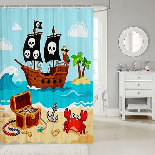 Miniatura 70 de Cortinas de ducha impermeables con diseño de barco pirata de caricaturas, tela de aventura marina, cortina de ducha de baño con peces submarinos,