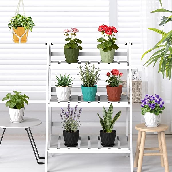 12.7 cm Indoor Plant Pot, 5 Pack Thick Plastic Flower Pots with Drainage Holes & Saucers, 3D Modern Wave Texture, Decorative Nursery Pots for Succulent, Cactus, Mint & Small House Plants, Black - 5