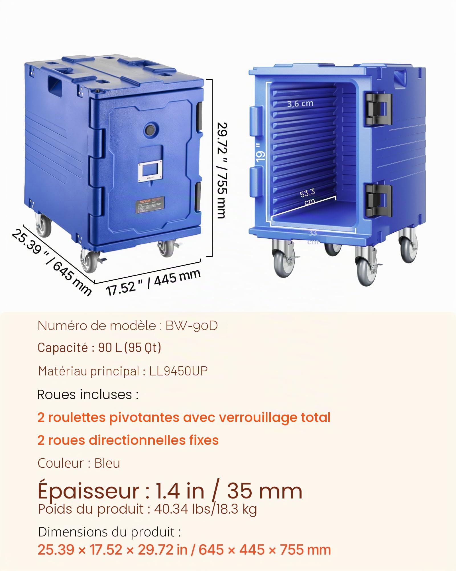 VEVOR Conteneur Isotherme sur Roulettes 90 L, Boîte de Transport en LLDPE à Chargement Frontal avec Poignées, pour Garder au Chaud ou Froid Traiteur Restauration Restaurant Cantine 447x625x755 mm