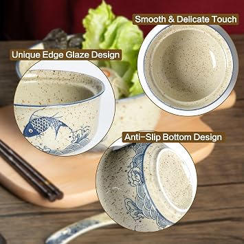 Ceramic Ramen Bowl, Japanese Style Retro Ramen Bowls Set 800ml Noodle Bowl with Chopsticks and Spoons, Asian Soup Bowls with Lid for Microwave & Dishwasher Safe, Japan Fish