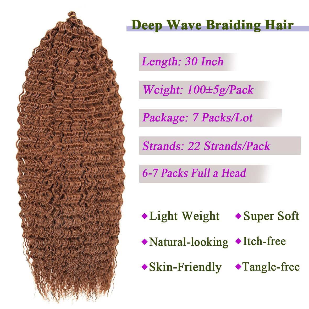 Kachanaa 7 Pack Honey Brown Pre-Separate Deep Wave Braiding Hair Extensions for Goddess Braids 30 Inch Ocean Wave Crochet Hair Synthetic Crochet Braiding Hair for Boho Box Braids /30# - Image 4