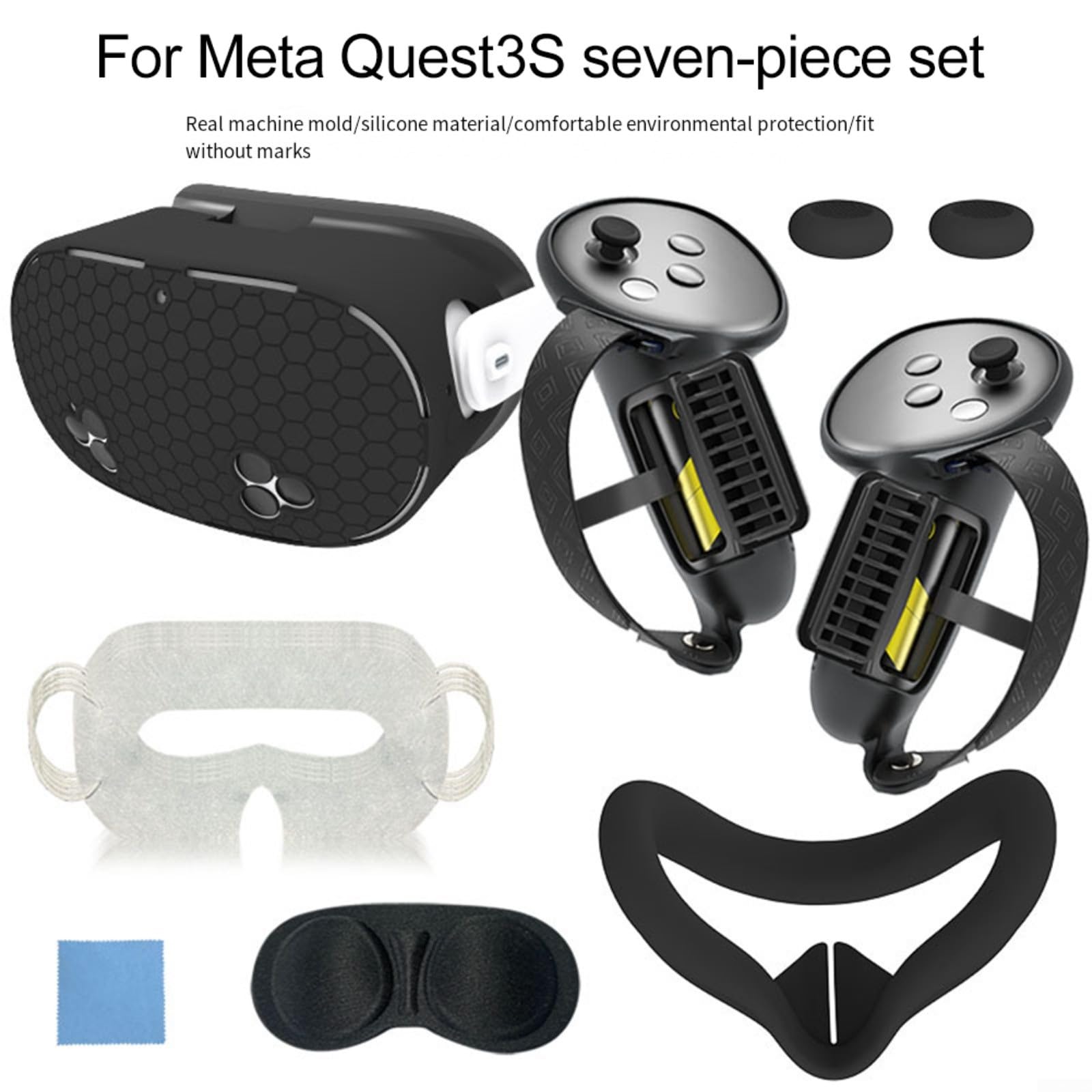 Set di coperture protettive in silicone per cuffie Meta per 3S VR, kit da 7 pezzi con nasello anti-perdite e protezione per lenti (nero)