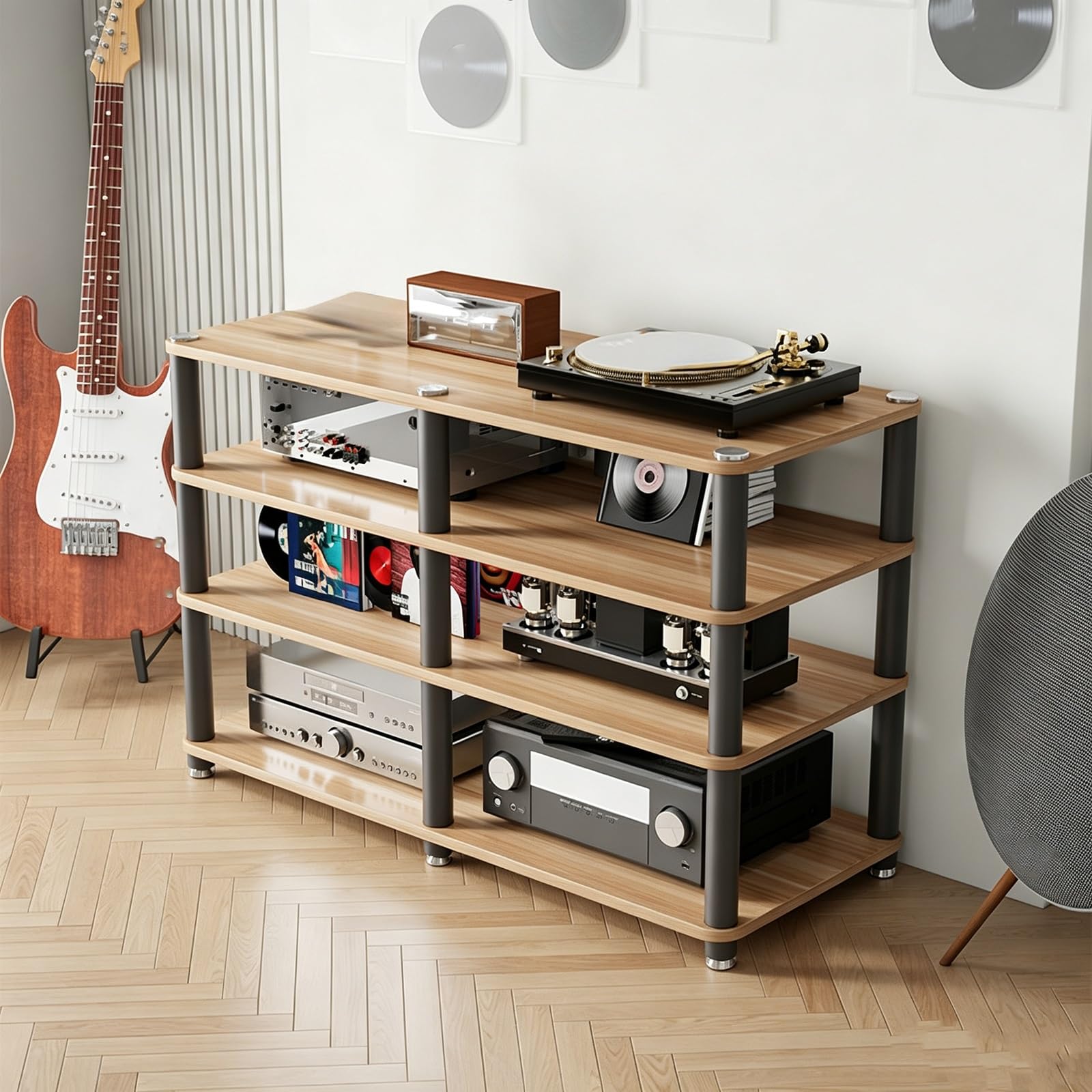Mobile Hifi multistrato in legno massello con telaio metallico, doppia postazione Giradischi e per, funzionale Vinili per apparecchi audio domestici home theater