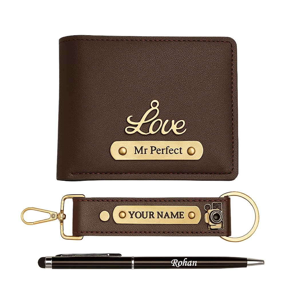Customized Leather Wallet Combo for Men | Personalized Wallet, Keychain & Pen Gift Set (Brown)-image-28