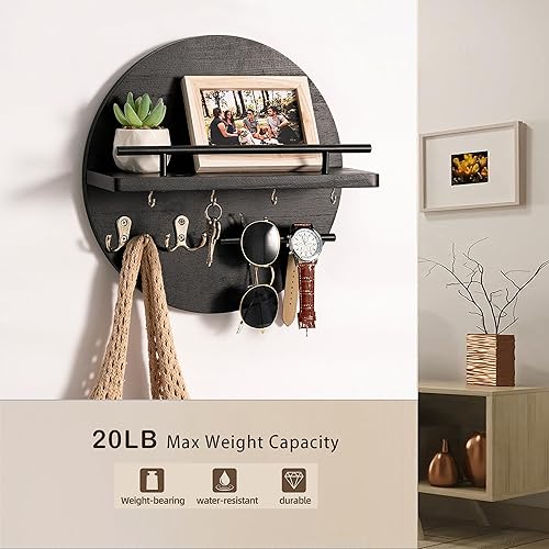 Miniatura 4 de dreampossible Soporte para llaves decorativo de pared con estante y ganchos, organizador de correo para montaje en pared, diseño circular, gancho