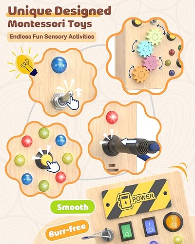 Miniatura 4 de Pussan Tablero de actividades para niños pequeños, juguetes Montessori de madera para niños de 1 año en adelante, juguetes sensoriales con luz LED e