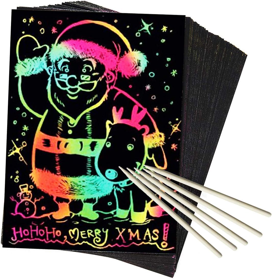 50 Piece Rainbow Scratch Paper Art Set Magic Black Scratch Paper Scratch it Off Art Crafts Notes Sheets Cards with 5 Wooden Styluses for Easter Party Game Christmas Birthday Gift