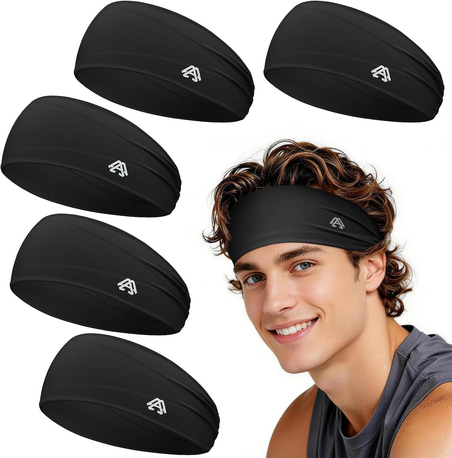 Awumbuk 5 Pack Running Headbands Exercise, Moisture Wicking Sweat Band Elastic Sports Head Band for Running, Cycling, Basketball, Soccer, Yoga, Men/Women
