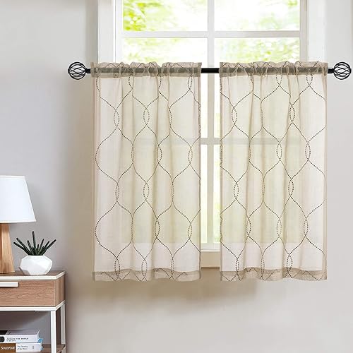 Cortinas traslúcidas bordadas de 45 pulgadas para cocina, semitransparentes, patrón de enrejado marroquí, cortinas blancas para baño, cortinas