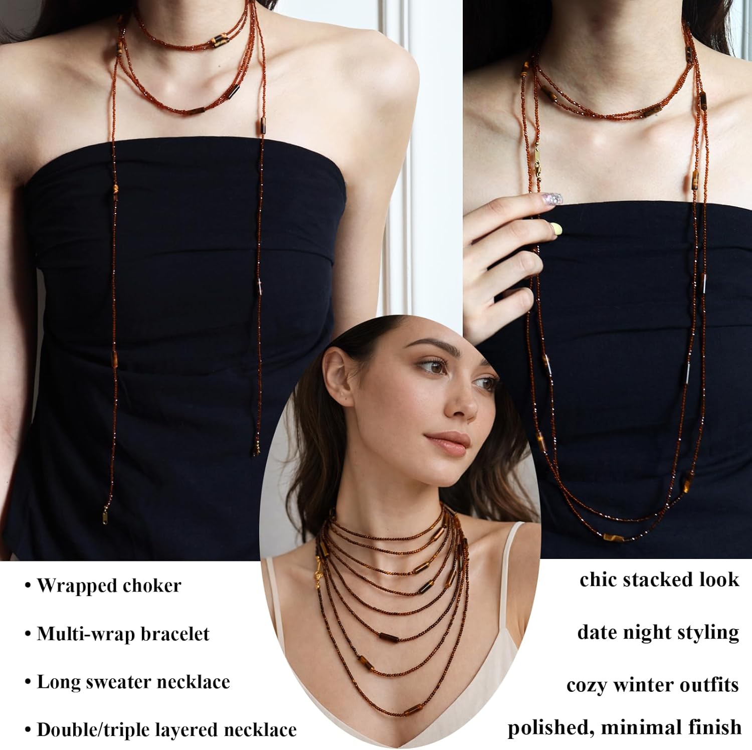 Long Necklaces for Women Pearl Tiger Eye Natural Stone Beads Necklace Boho Fashion Accessories Layered Beaded Chains with Pendant 35” to 100” - Image 2