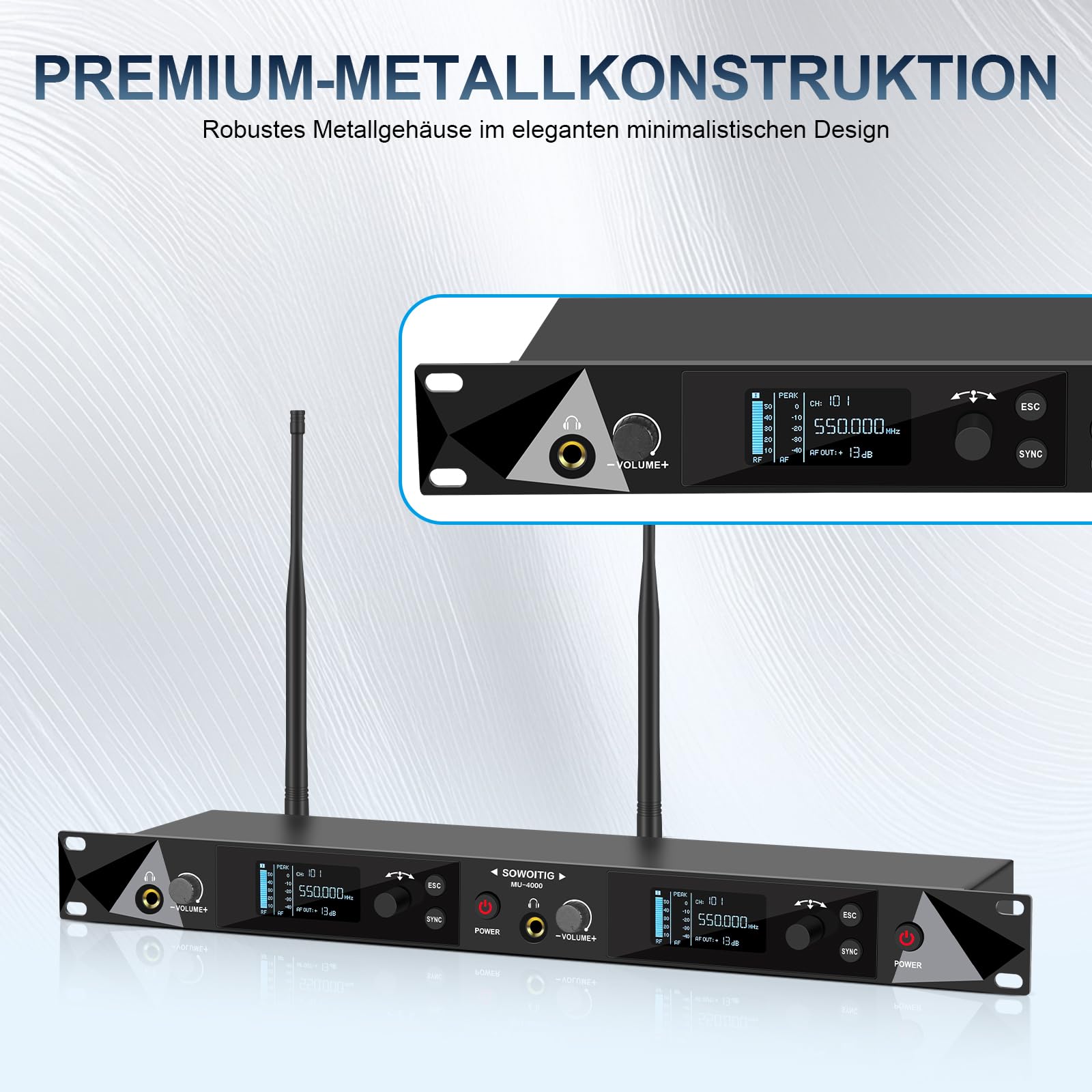 Drahtloses In-Ear-Monitoring-System, 2-Kanal UHF Mono IEM mit 4 Bodypacks | Metall-Rack-Sender, 2 × 40 Frequenzen, Reichweite bis 100 m, für Sänger, Bands, Studio und Bühne