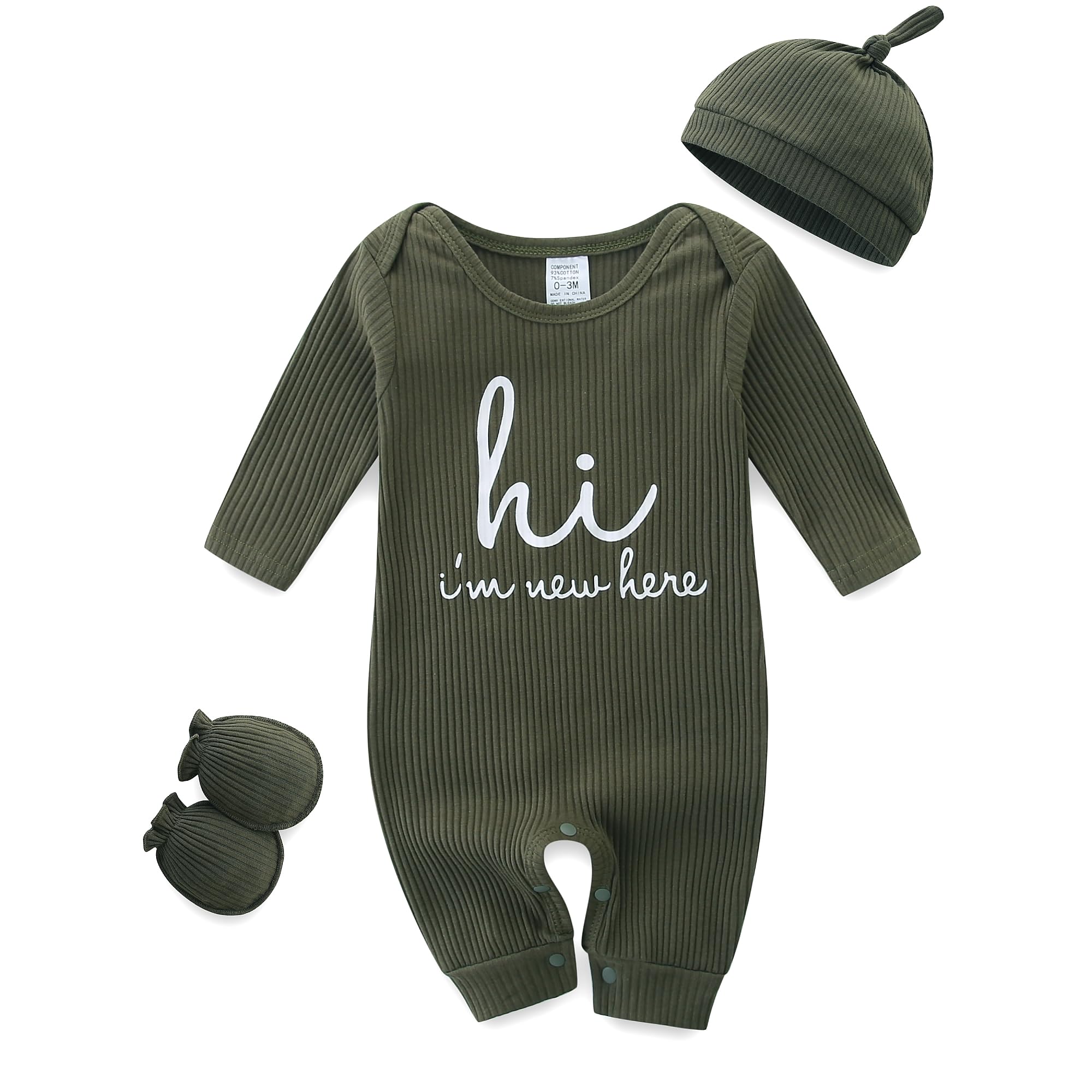 Baby Romper with Baby Mittens & Newborn Hats Footless Long Sleeve Solid Onesie Hi Im New Here, Dark Green, 0-3 months