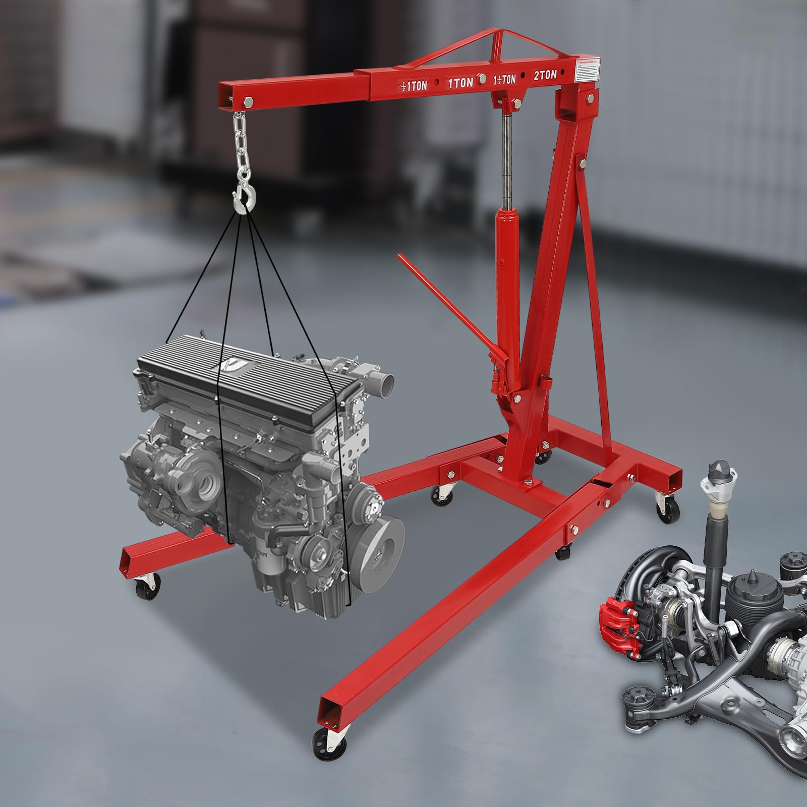 Sollevatore motore pieghevole 2t con 6 ruote – Carrello idraulico per officina e garage – Gru a motore con 4 livelli (0,5 – 2 t) e altezza massima 210 cm