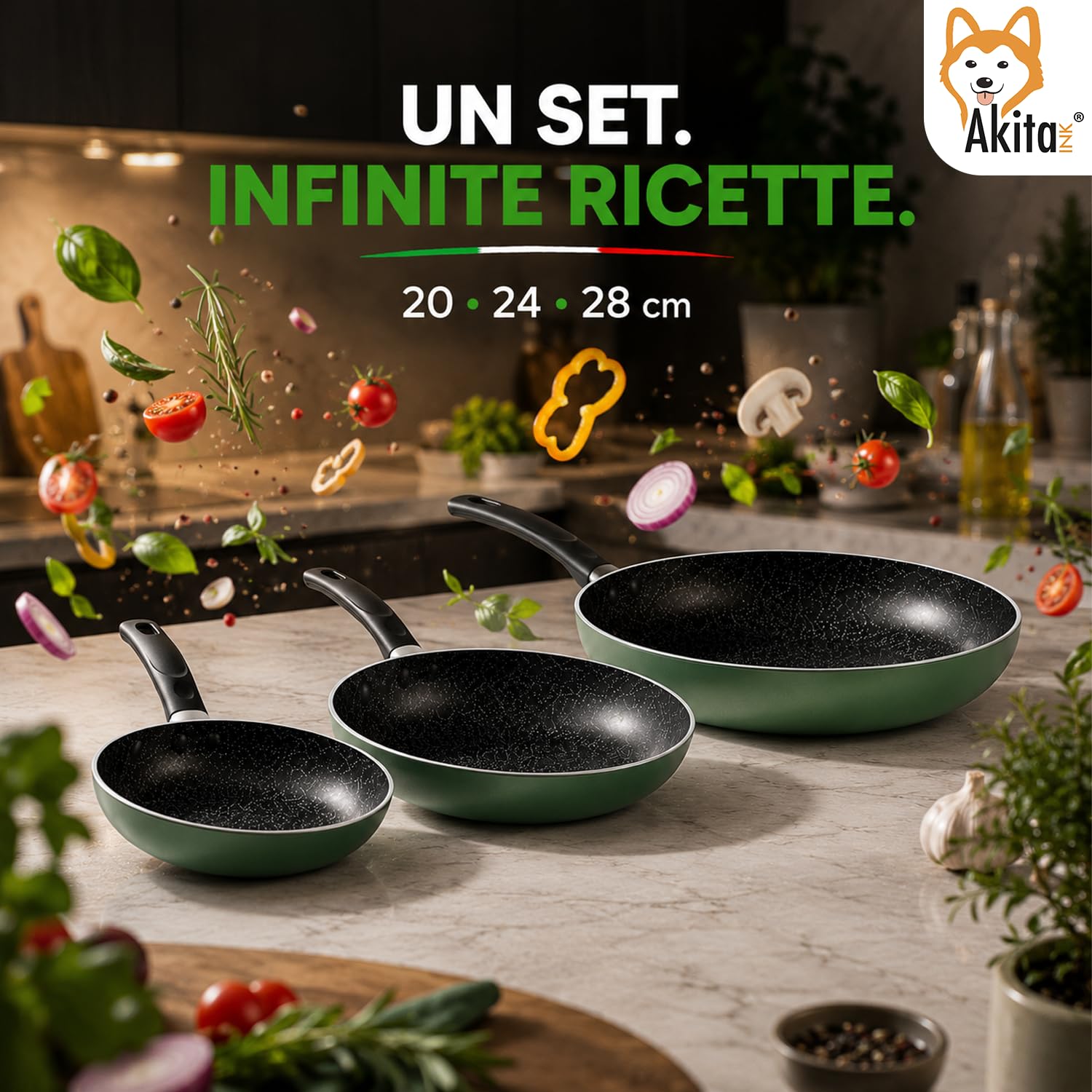 Akitaink Set 3 Padelle Antiaderenti Natura 20, 24 e 28 cm, Batterie di Padelle per Cucina Quotidiana, Resistenti e Pratiche