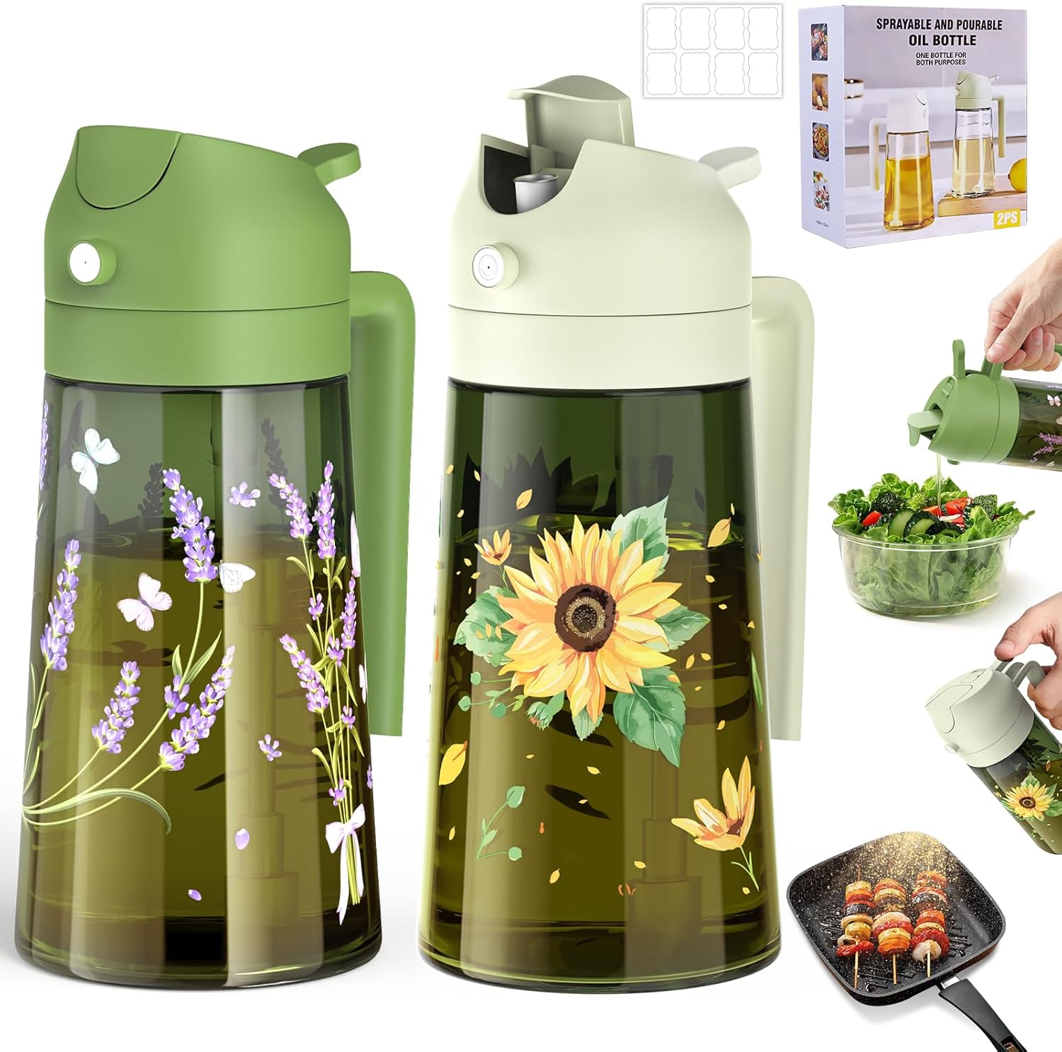 COOLMI Pulverizador de aceite para cocinar (16 oz15.9 fl oz), botella dispensadora de aceite de oliva de vidrio de grado alimenticio 2 en 1 para