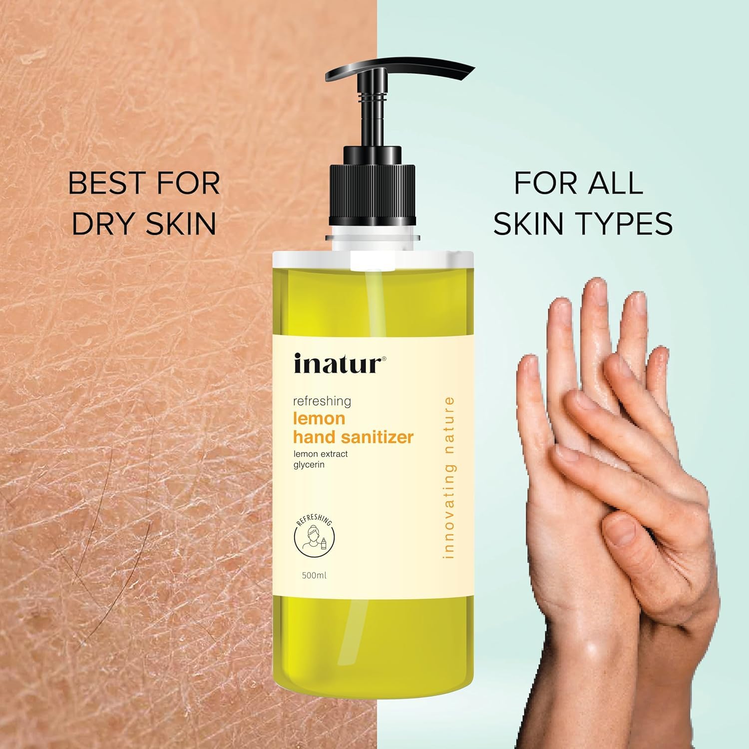 inatur Refreshing Hand Sanitizer Gel | Enriched with Lemon Extract & Aloe Vera | Gentle on Skin | Alcohol-Based Protection | Gel Hand Sanitizer 500ml for Effective Hygiene & Germ-Free Hands 1